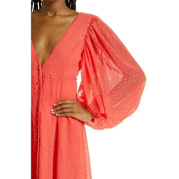 Kimberly Goldson Lesli Clip Dot Long Sleeve Maxi Dress Women's Small Coral NWOT - Picture 7 of 12